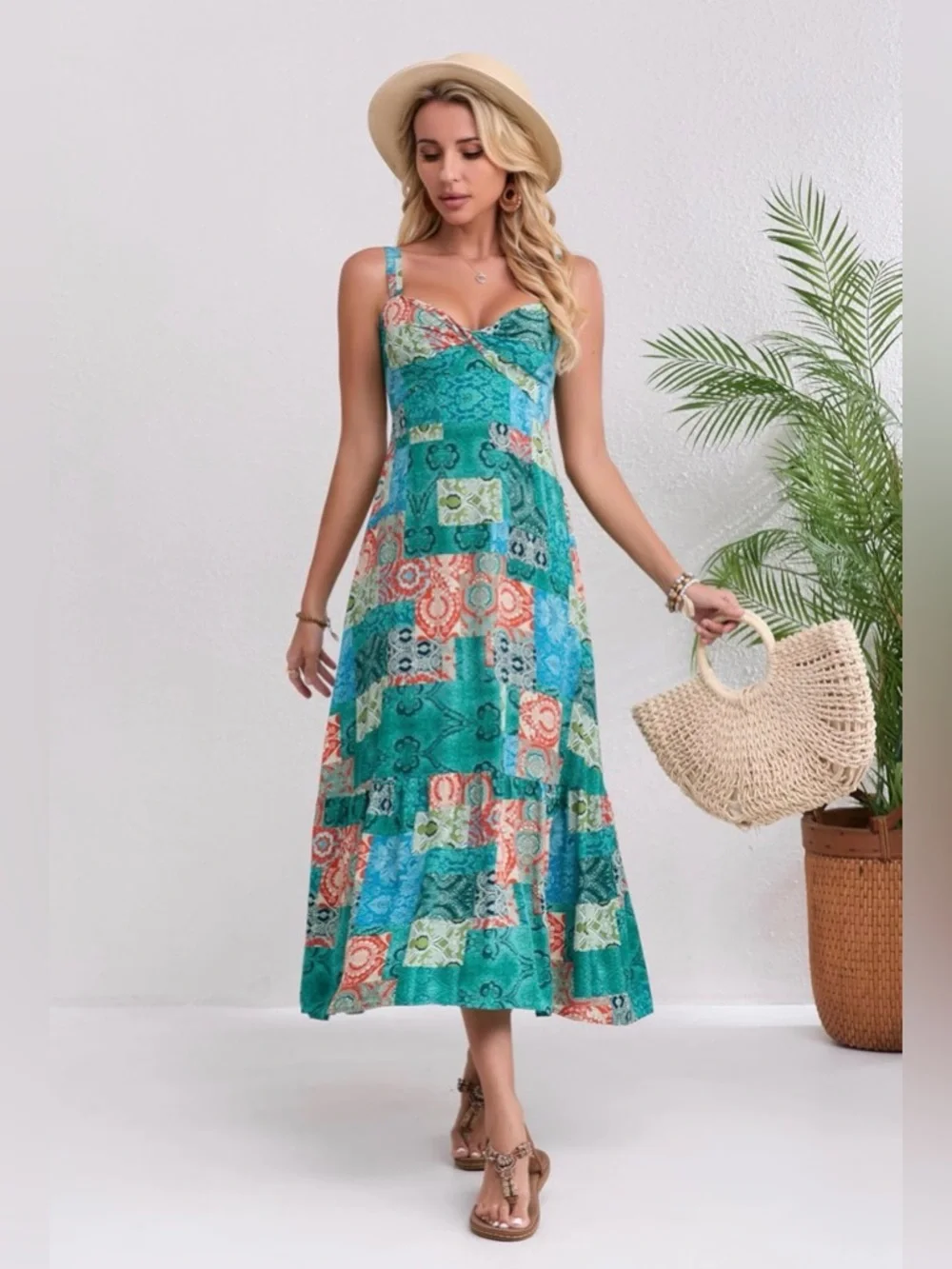 NWOT Boho Floral Adjustable Strap V Neck Beach Flowy Maxi Sundress - Picture 1 of 16